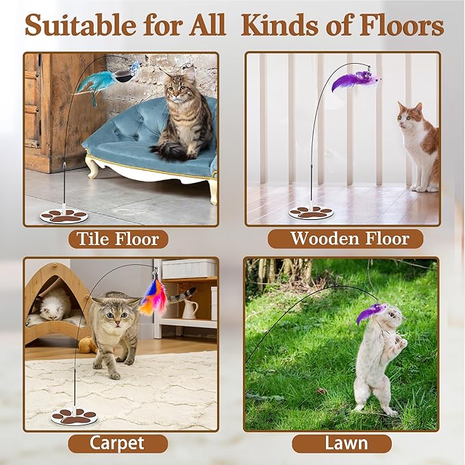 Interactive Cat Toy for Indoor, Includes Metal Base, Suction Cup Cat Base, Cat Wand,Bird Simulation Toys and Feather Toy, Set of 7 PCS