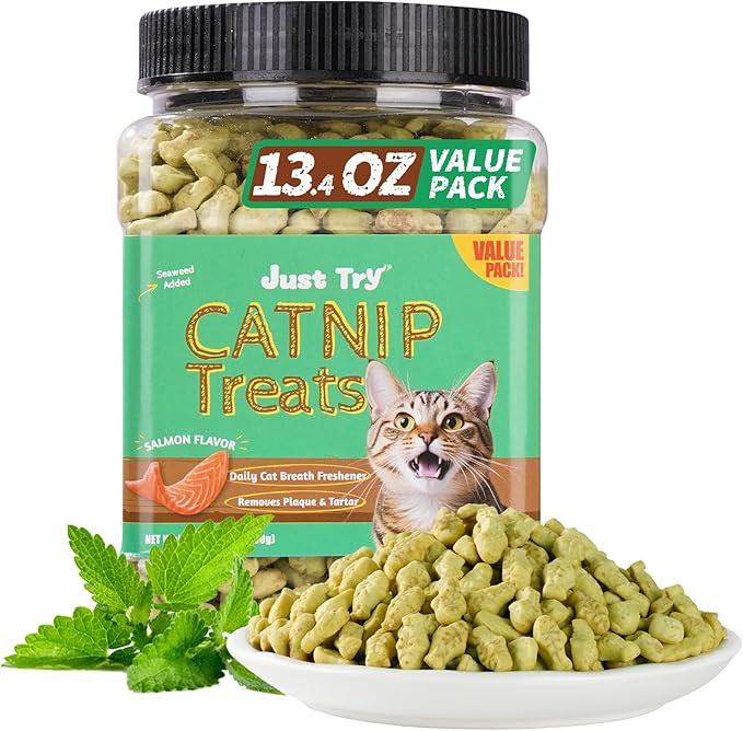 Just Try 13.4 OZ Crunchy Cat Treats Catnip Treats for Cats with Digestive Support, Natural Ingredients Kitten Treats with Real Salmon, Healthy Feline Snacks Training Biscuits Dental Care