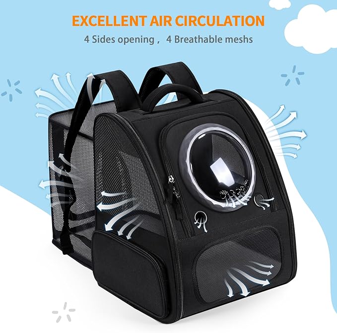 Expandable Pet Carrier Backpack with Transparent Bubble Window, Gray Mesh Travel Bag, Portable Space Capsule Design with Foldable Dogs Carrier for Pets (Black)