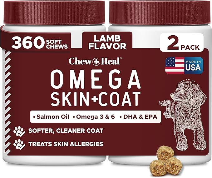 Dog Skin and Coat Supplement -360 Soft Chew Omega Treats for Skin Allergies -Salmon Oil Blend of Essential Fatty Acids, Omega 3, 6, Vitamins, Minerals -Made in USA (2 Packs of 180, Lamb Flavor)