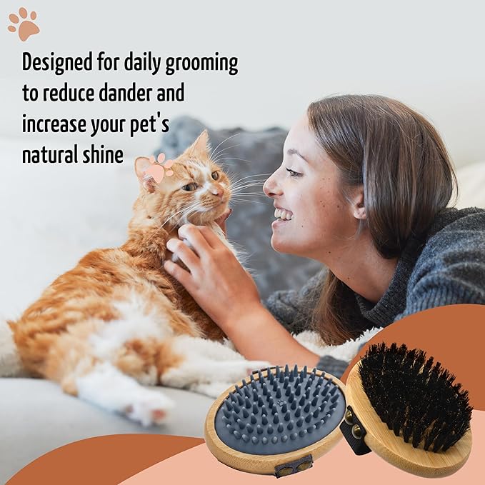 The Buddy System Pet Close Brush, Soft Touch Oval Palm Brush - Bamboo Massage Handheld with Soft Boar Bristles and Elastic Band for Dogs and Cats (2-pack, 1 Brush + 1 Rubber)