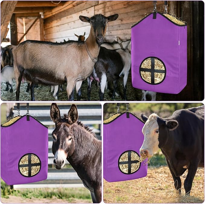 3 PCS Goat Hay Feeder,Hay Bags for Horses,Goats,Donkeys with Reinforced Oxford Fabric and High Strength Metal Clasp,Horse Feeding Supplies with Adjustable Strap for Easy Hanging (2Purple+1Grey)