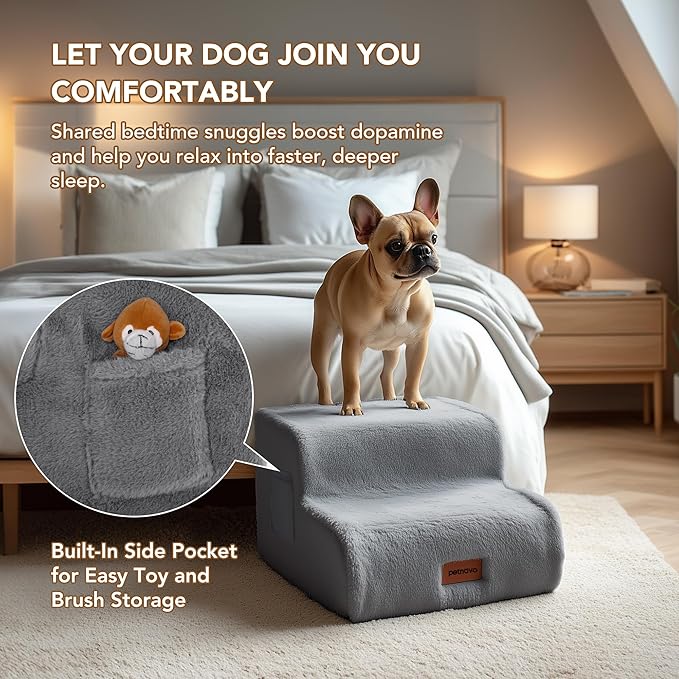 PETNOVO Ultra-Soft Rabbit Fur-Like Dog Stairs for Couch/Bed, Luxury Comfort 3-Step for Small & Senior Dogs, Non-Slip, Removable Washable Cover, Oeko-TEX Certified, 22.4" D x 15.7" W x 15.7" H, Gray