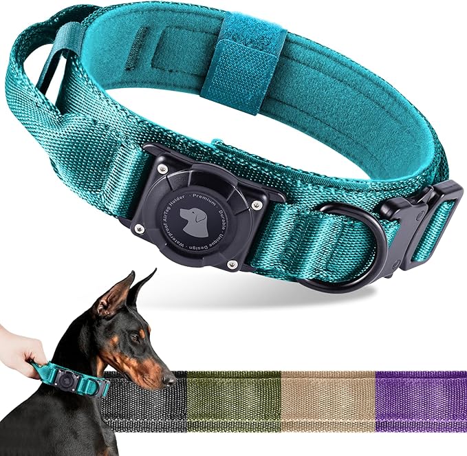 2025 Upgrade Waterproof AirTag Dog Collar, Military Tactical Dog Collar with AirTag Holder, Comfortable Control Handle and Metal Buckle, GPS Dog Collar Holder for Medium to Large Dogs (Blue, XL)