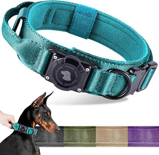 2025 Upgrade Waterproof AirTag Dog Collar, Military Tactical Dog Collar with AirTag Holder, Comfortable Control Handle and Metal Buckle, GPS Dog Collar Holder for Medium to Large Dogs (Blue, XL)