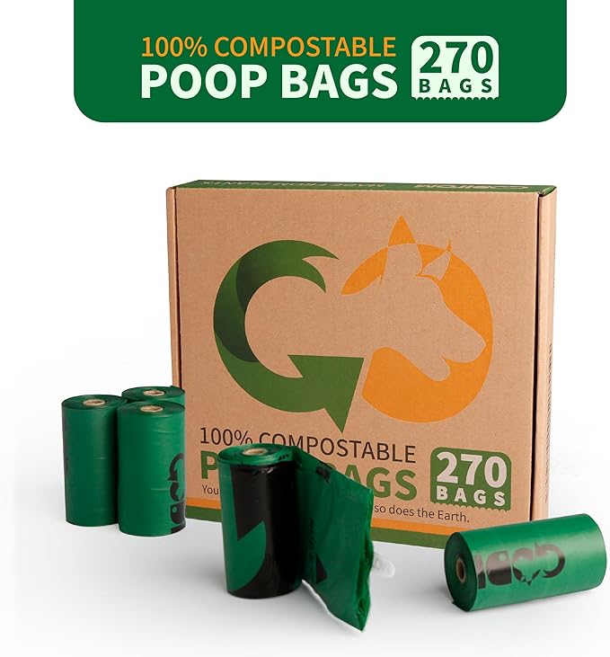 Certified 100% Compostable Poop Bags for Dogs, 270 Count Guaranteed Leak Proof and 18 Microns Extra Thick Dog Waste Bag, 18 Rolls of Plant Based Doggie Poop Bag, No Scented with ASTM D6400 & EN13432