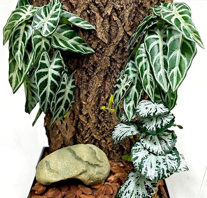 Woyrise 2 Pack Reptile Plants, Terrarium Hanging Plant Vines, Artificial Leaves with Suction Cup, Bearded Dragon Tank Accessories for Gecko Lizard Snake Frog Tortoise Decorations - Alocasia Velvet