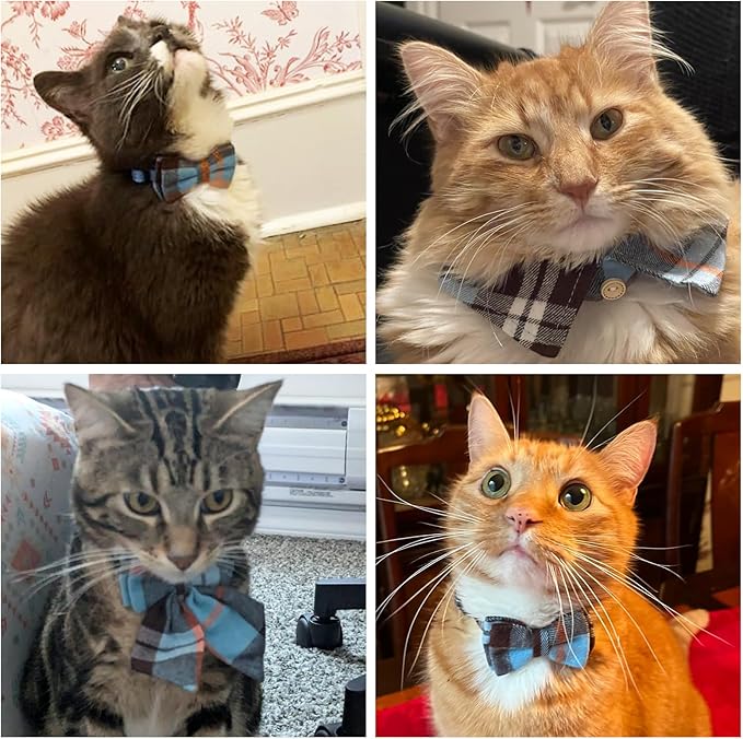 Cat Collar with Bells Breakaway, Shirt Cat Collar for Girl Boy Cats with Removable Bow Tie Collar, 2 Pack Cute Plaid Kitten Collar Bowtie for Female Male Puppy Pets Safety Adjustable