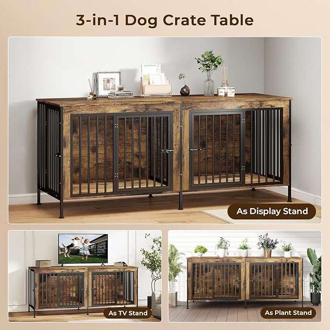 78 Inch Dog Cage Furniture for 2 Large/Medium Dogs with Removable Divider, Extra Large Double Doors Dog Kennel, XXL Thick Wooden Dog cage Furniture, Durable and Sturdy, Brown
