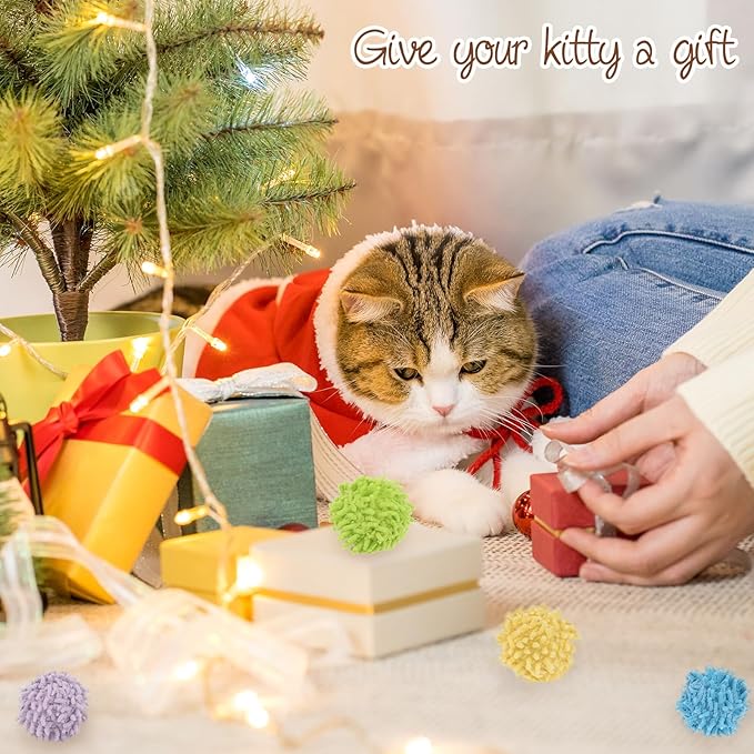 9Pcs Cat Pom Pom Balls, Cats Ball Toys with Bells, 2 inches Soft Cat Balls Toy for Indoor, Assorted Color Yarn Puffs Ball for Cats, Kitten Chasing Toys for Kitty, Pet Interactive Play(Multi-Color)