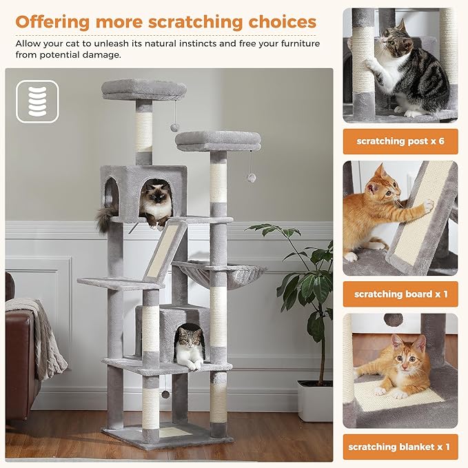 PAWZ Road 70 Inch Cat Tower, Tall Cat Tree with 2 Cozy Condos, 2 Plush Perch, Large Basket, 2 Scraching Pad & 6 Scraching Posts for Indoor Cats Large Adult, Gray