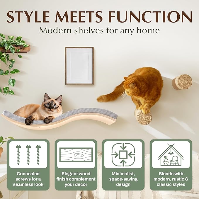 Extra Large 35.4” × 11.6” Stylish Cat Wall Shelves with Soft Cushion, Modern Wall-Mounted Cat Tree Furniture & Perch, Sturdy/Hidden Mounts, Machine Wash Cover, Sleek Design- CALLICO HAVEN Wave S-Shape