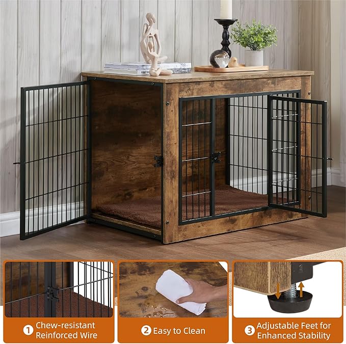 FLEXIMOUNTS Dog Crate Furniture with Cushion, Wooden Dog Kennel Furniture, Heavy Duty Dog Cage, 40" Dog Kennel with Double Doors, L