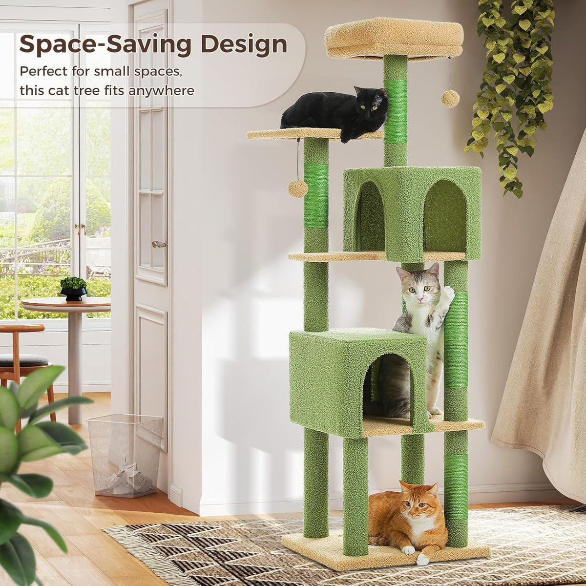 Cactus Cat Tree, 62-Inch Tall Multi-Level Cat Tower with Scratching Posts, Cat Condos for Large Indoor Cats, Plush Cat Bed w/Padded Perches, Scratching Pad & 2 Green Pompoms, Green