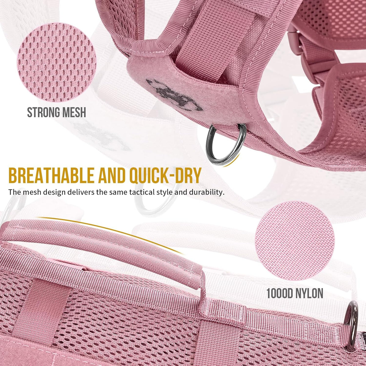 OneTigris Tactical Dog Harness for Small Dogs, No Pull Small Dog Vest Harness with Handles Breathable Military Dogs Molle Vests, Harness for Walking Hiking Training (Pink, XS)