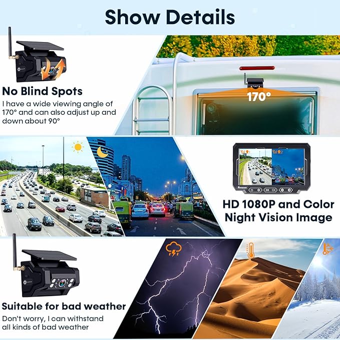 Magnetic Solar Wireless Backup Camera: 7" Portable 1 Min Easy Install Scratch-Proof No Delay Backup Camera for Truck Rechargeable HD 1080P for Trailer Small RV Camper Pemacom P15