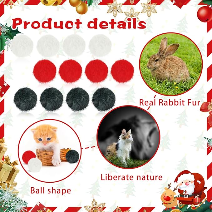 LEIFIDE 12 Pieces Real Rabbit Fur Pom Pom Kitty Cat Toy Fluffy Cat Balls Soft Fuzzy Balls for Kitty Pets Kitten Chase Quiet Play, 3 Inches in Diameter(Red,White,Green)