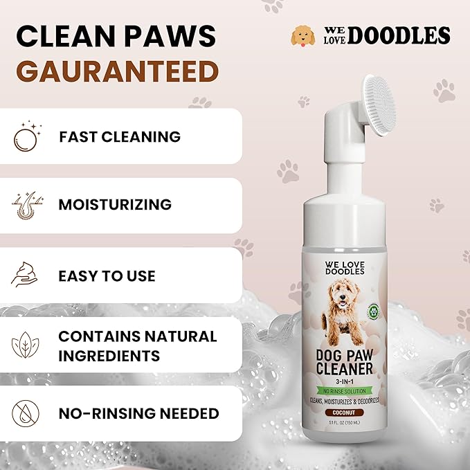 Dog Paw Cleaner (Over 100+ Feet Cleanings) No-Rinse Dog Foot Washer, Gentle and Safe Paw Cleaner for Dogs and Cats, Foam Formula, Moisturizes and Deodorizes, 150mL (Coconut) [We Love Doodles]