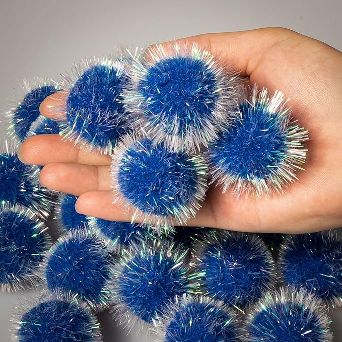 VAPKER 30 Pcs Cat Ball Toys Sparkle Balls Extra Large 2 Inch Cat's Favorite Chase Glitter Ball Glitter Tinsel Pom Poms Balls Dark Blue Color