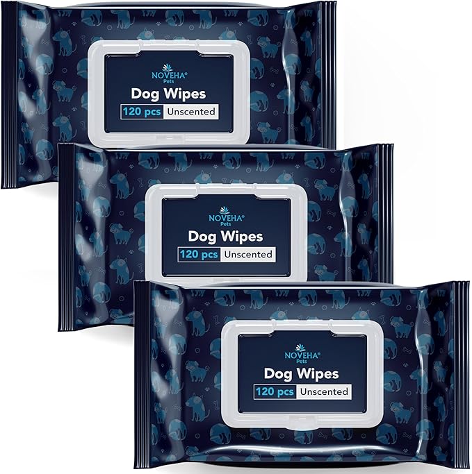 NOVEHA Dog Wipes - Odor Eliminating and Cleaning Grooming Wipes for Dog's Paws, Body, and Butt - Perfect for Puppy and Adult Dogs - Plant-Based, Safe, Convenient & Large Unscented Wipes (360 Counts)