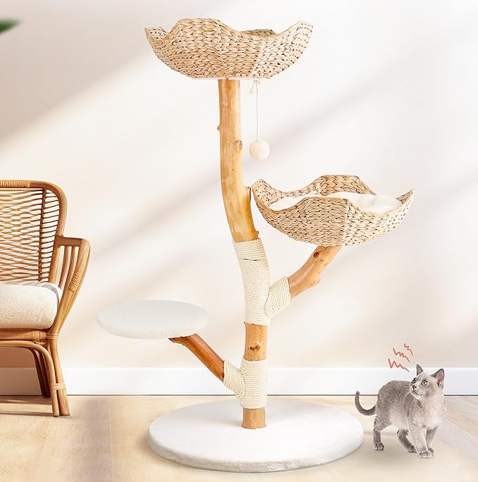 Real Wood Modern Cat Tree Tower, Cat Scratching Post with Bed for Indoor Cats Large Adult, Solid Wooden Climbing Tower, Cute Wicker Condo, Aesthetic Stand, Boho Luxury Pet Furniture