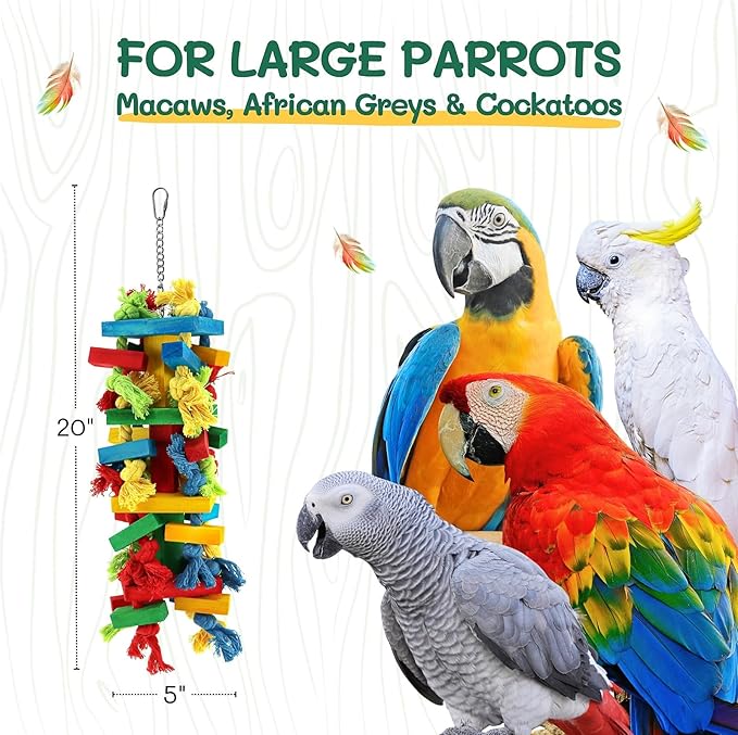 Bird Toys for Large Parrots - Macaw, African Grey, Cockatoo, Beak Exercise Chewing Toy with Colorful Wood Blocks & Ropes, Boredom Relief