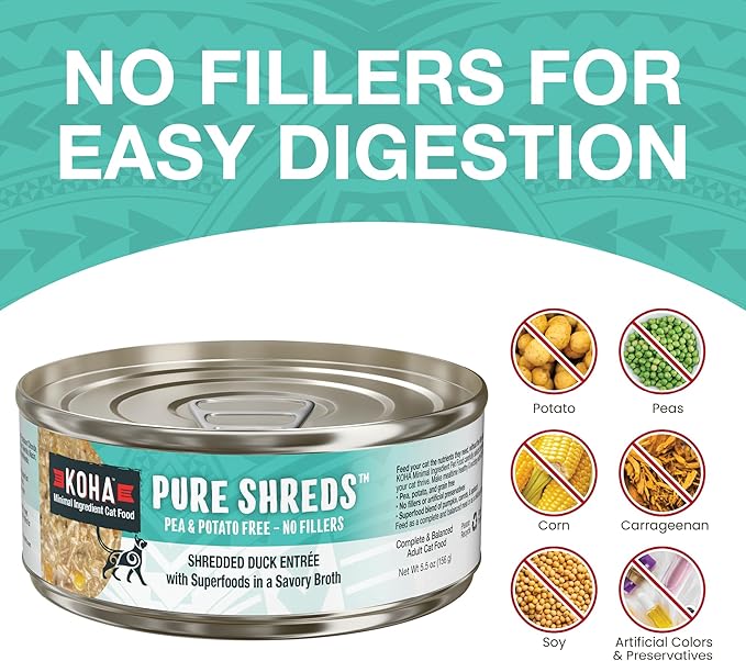 KOHA Pure Shreds Duck Entrée for Cats, Single Meat Wet Cat Food 2.8oz Cans (Pack of 24)