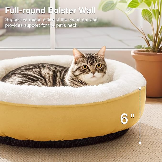 Love's cabin Yellow Round Donut Cat Bed, 20x20in, Soft Durable Fabric, Anti-Slip Water-Resistant, Washable Pet Bed