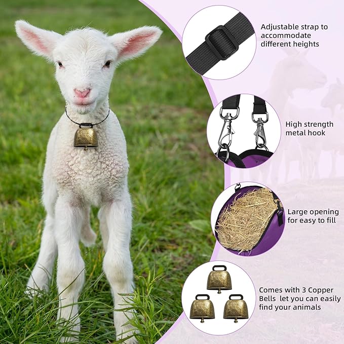 3 PCS Goat Hay Feeder,Hay Bags for Horses,Goats,Donkeys with Reinforced Oxford Fabric and High Strength Metal Clasp,Horse Feeding Supplies with Adjustable Strap for Easy Hanging (2Purple+1Grey)
