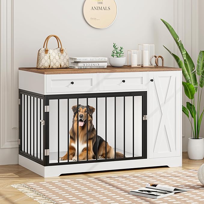 Dog Crate Furniture Kennel with Double Doors Wooden Pet House with 2 Drawers and Storage Cabinet, Indoor Dog Cage Farmhouse Modern Side End Table for Small Medium Dogs, White