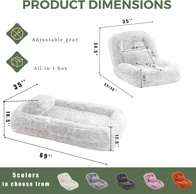 Orange Foldable Human Dog Bed - 69"x35"x12" Fits You & Pets with Comfy Pillow, Washable Faux Fur, Oversized Lounger Lazy Sofa Beds with 5 Adjustable Position