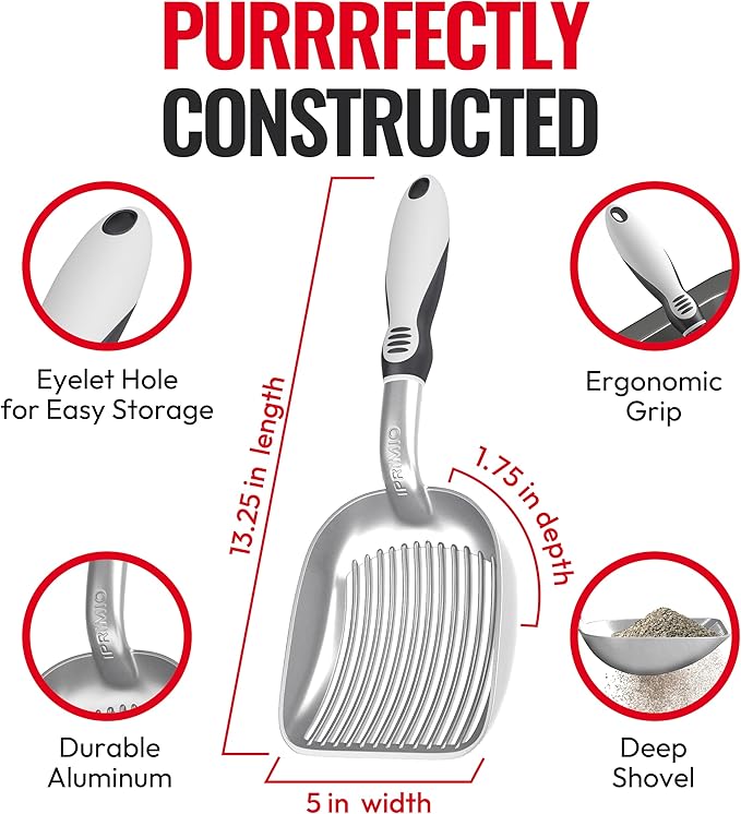 iPrimio Cat Litter Scooper Deep Shovel with Holder - (Silver XL) - Non-Stick Pooper Scooper Shovel Kitty Litter Sifter - Patented Solid Aluminum Poop Scoopers with Long Handle, Easy Grip, Pet Supplies