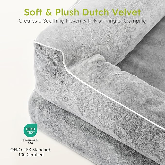 Jumbo Dog Beds for Extra Large Dogs, Orthopedic Dog Bed with Cooling Gel Memory Foam, Waterproof Pet Bed with Removable Washable Cover, 45" Pet Sofa Couch Velvet with Bone Toy, Light Gray