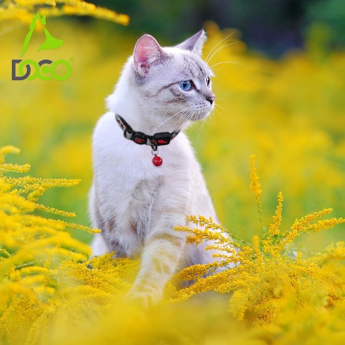 DOCO Cat Collar (Neck Girth - 3/8" x 7.5-12", Weight Upto - 13lb) Reflective Cat Collar with Bell, Breakaway Safety Buckle, Adjustable Nylon Strap for Kittens & Adult Cats (Black)