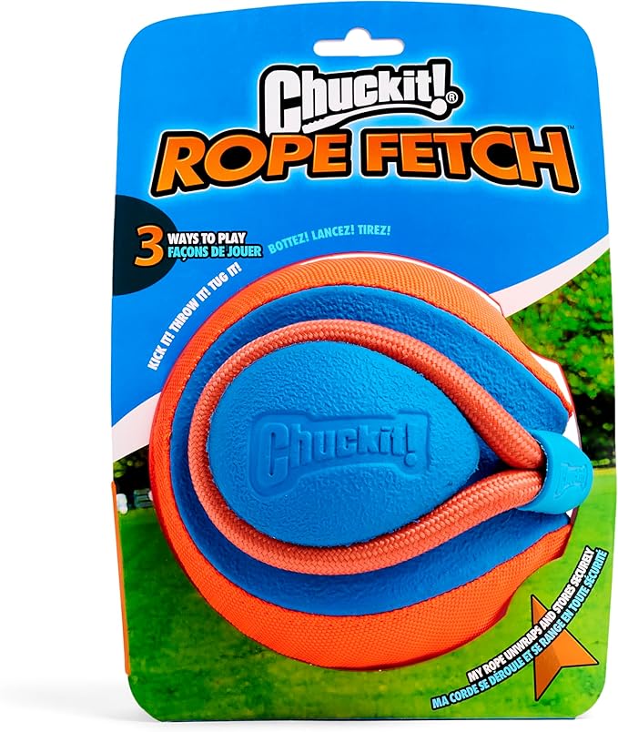 Chuckit! Rope Fetch Dog Toy - Ball on Rope Fetch and Tug-of-War Toy for Dogs - Durable EVA Rubber Construction - 5.5-inch Diameter - 18-inch Rope - Orange and Blue