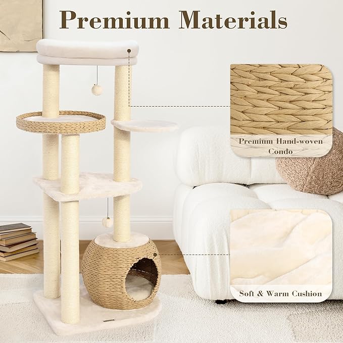 KAMABOKO Modern Cat Tree, 53" Tall Cat Trees for Indoor Cats, Cat Condo Natural Sisal with Scratching Posts, Hand-Woven Tower & Top Perch, Cat-Tree for Kittens Climb Play & Rest