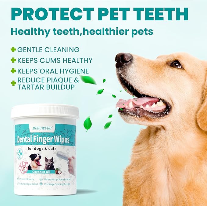 Wider Dental Care Finger Wipes 60 Counts,Teeth Cleaning Finger Wipes for Dogs & Cats,Reduces Plaque & Supports Oral Freshness,Small Animal Stain Removers, Unscented
