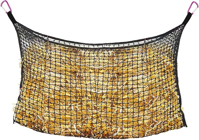 Bloomoak Knotless Slow Feed Hay Net with 4 Carabiner Clips for Horses/Open Top Hanging Hay Bag with Large Capacity for Full Day Feeding/Trailer (1.75" Hole for Slow Feed, L 63 * 40")…