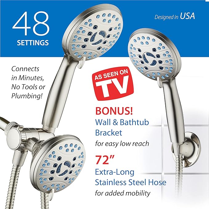 Hotel Spa AquaCare As-Seen-On-TV High Pressure 48-setting Rain & Handheld 3-way Shower Head Combo - Anti-clog Nozzles/Tub, Tile & Pet Power Wash/Extra Long 6 ft. Hose/Satin Nickel Finish