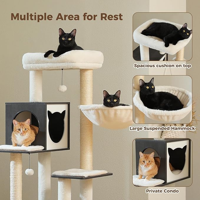 Tall Cat Tree with Litter Box Enclosure 57.5" Wooden Cat Tower for Large Cats with Cat Hammock House Bed (Pure Black)