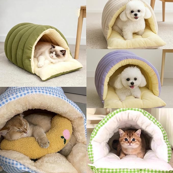 Expectation Cat Bed, Removable and Washable Winter Closed-Off Cat Bed, Soft Fluffy Warm Autumn/Winter Cats House, Washable Non-Slip Pet Sleeping Bag for Indoor Cats Small Dogs (G,Medium)
