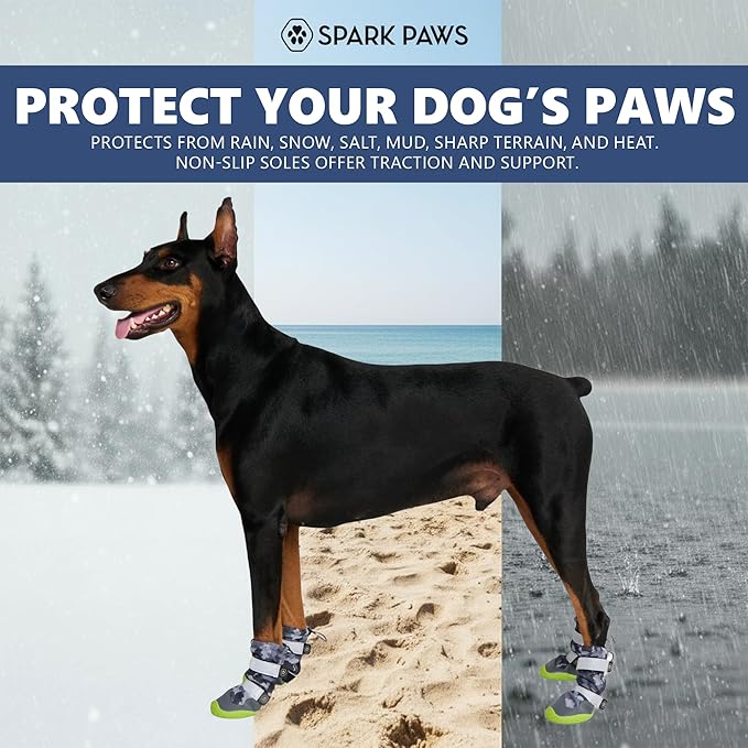 Spark Paws Dog Shoes, Waterproof Dog Boots for Medium to Large Dogs, Non Slip, Breathable Dog Booties and Paw Protectors - 4PCS Doggie Hiking Boots with Reflective Straps, Gray Camo, Size 1