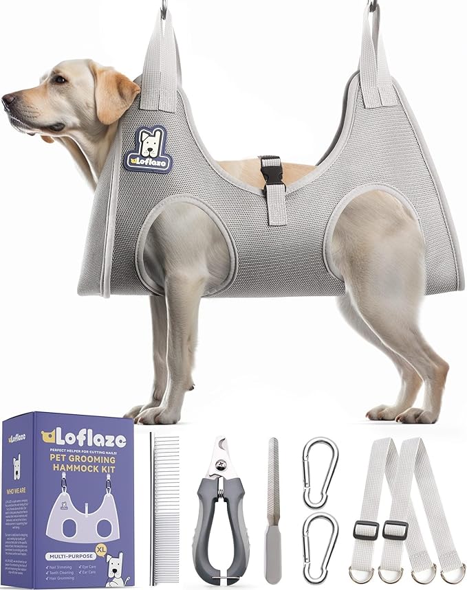 Dog Grooming Hammock Harness for Dogs & Cats with Pet Nail Clipper Trimmer - Cat Hanger Sling for Trimming Clipping Nails- Dog Hammock Restraint Bag for Small Medium Large pet （ Grey XL ）
