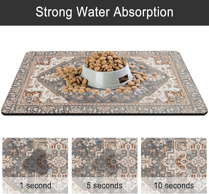2 Pack Dog Food Mats for Floors, Absorbent and Quick-Drying Pet Cat Food Mat,Anti-Fouling and Easy-to-Clean Pet Feeding Mat,Dog Bowl Mat for Messy Drinking Water Bowls.12 x20+18"x24", Bohemia Style