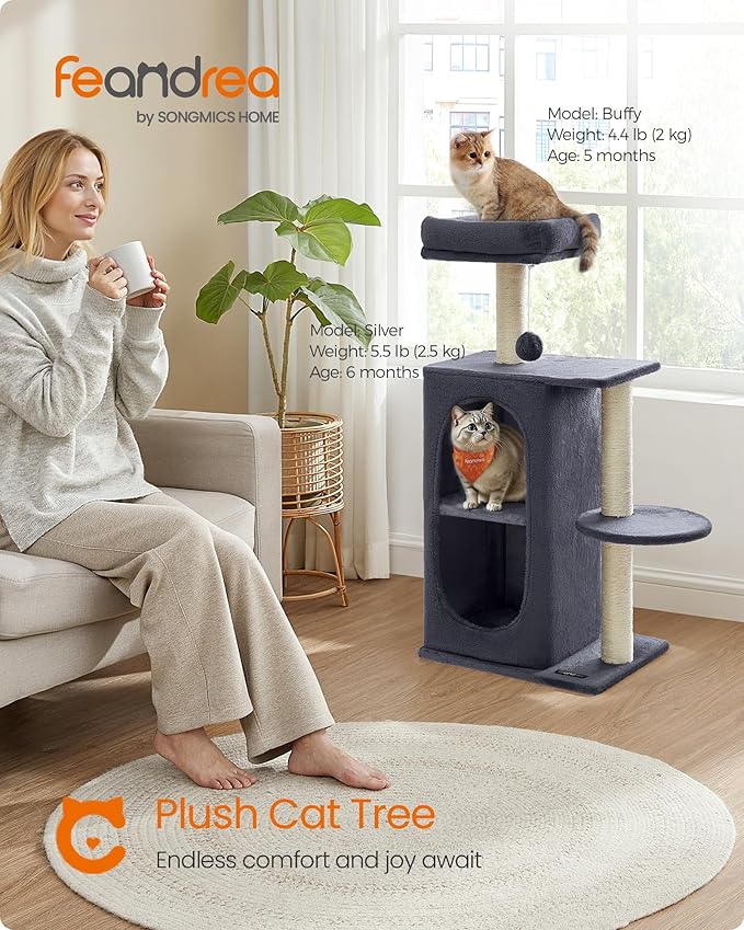 Feandrea Cat Tree Tower with 2 Caves for Multi-Cat Households, Kittens, Scratching Posts, Dark Gray UPCT005G02
