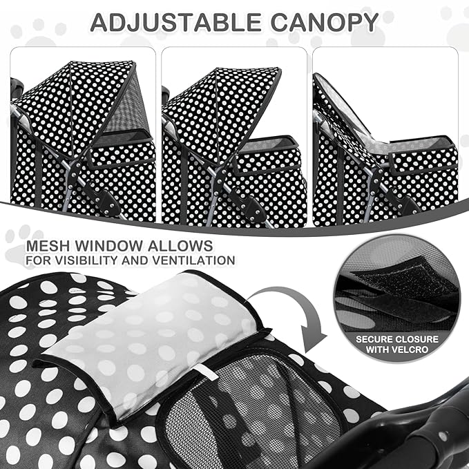 MoNiBloom 3 Wheels Pet Dog Cat Stroller for Small Medium Dogs Cats, Foldable Jogger Stroller w/Storage Basket and Cup Holder, Black Polka Dots