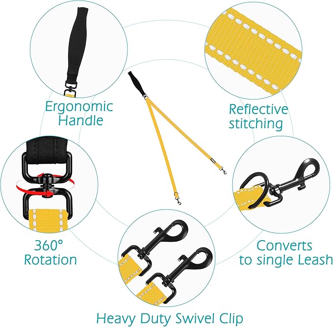 PetBonus Two Point Control Dog Leash, Works with No Pull Harnesses, No Tangle Training Leashes, Soft Padded and Reflective Walking Lead, Converts to Single Lead for Medium Large Dogs (Yellow)