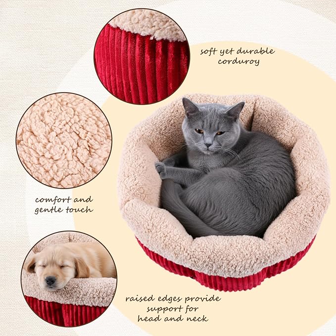 4 Pack Cat Bed Bulk 20in Self Warming Pet Beds for Small Cats Dogs Washable Red Round Donut Calming Bed with Anti-Slip Bottom Pet Gift Winter for Small Medium Cats and Dogs Puppy Kitten