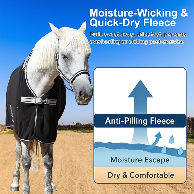 Horse Fleece Cooler, Blanket Liner - 300g Anti-Pilling Fleece, Moisture-Wicking, Cooling & Drying for Post-Workout, Bath & Travel, Prevent Overheating & Chilling Black 81