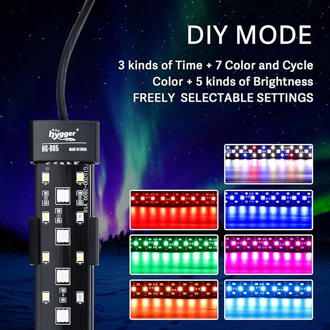hygger 24/7 Mode Submersible Aquarium LED Light, Full Spectrum Hidden Fish Tank Light with 3 Rows Beads 7 Colors Auto On Off Sunrise-Daylight-Moonlight, Adjustable Timer Brightness 12W